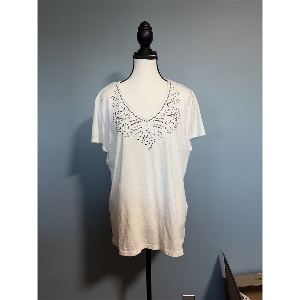Weekends By Chicos White Sequin V Neck Short Sleeve Cotton T-Shirt Top Size 3